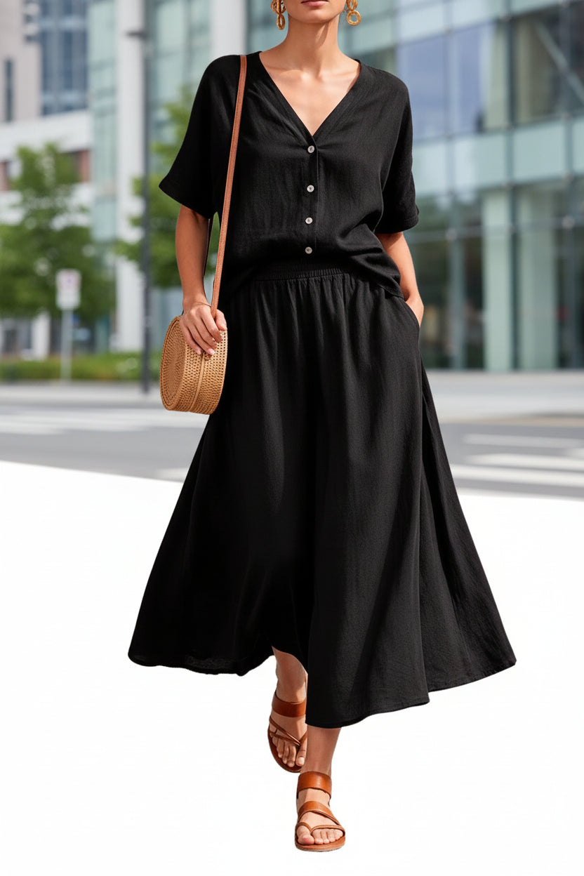 Women's casual V-neck button-up top and long skirt set by FitiqueFit, featuring a stylish and comfortable coordinated outfit.