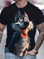 Men's casual streetwear T-shirt with 3D wolf print, round neck, by Plush Fashion Hub, featuring bold wolf graphic design.