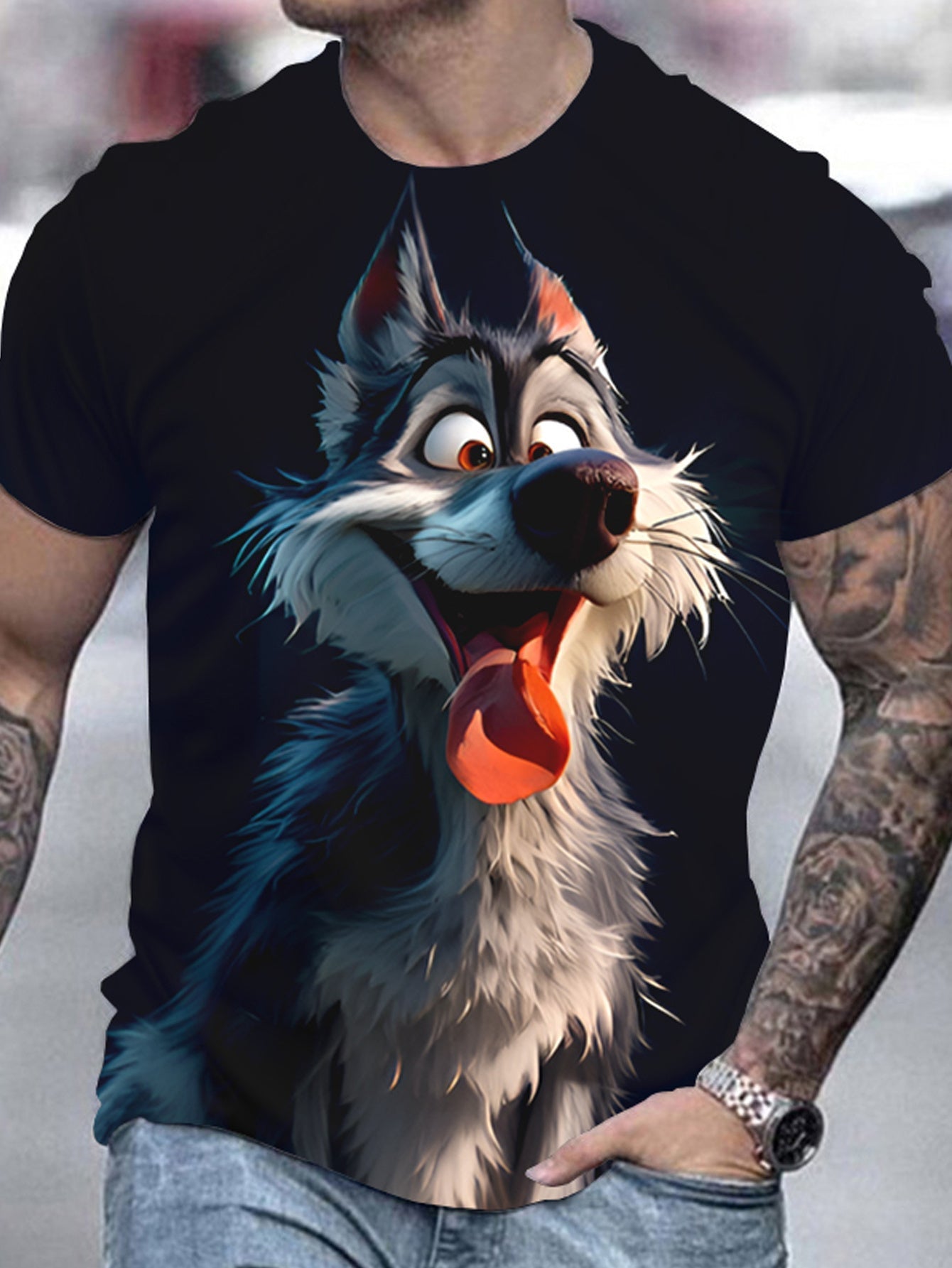 Men's casual streetwear T-shirt with 3D wolf print, round neck, by Plush Fashion Hub, featuring bold wolf graphic design.