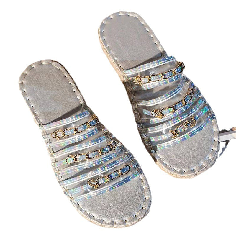 Large size women's straw sandals with hemp rope, rhinestone accents, thick bottom, by Plush Fashion Hub.