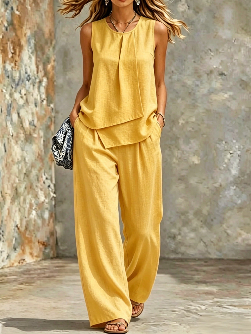 Women's sleeveless two-piece set by Plush Fashion Hub featuring solid color wide-leg pants and matching top.
