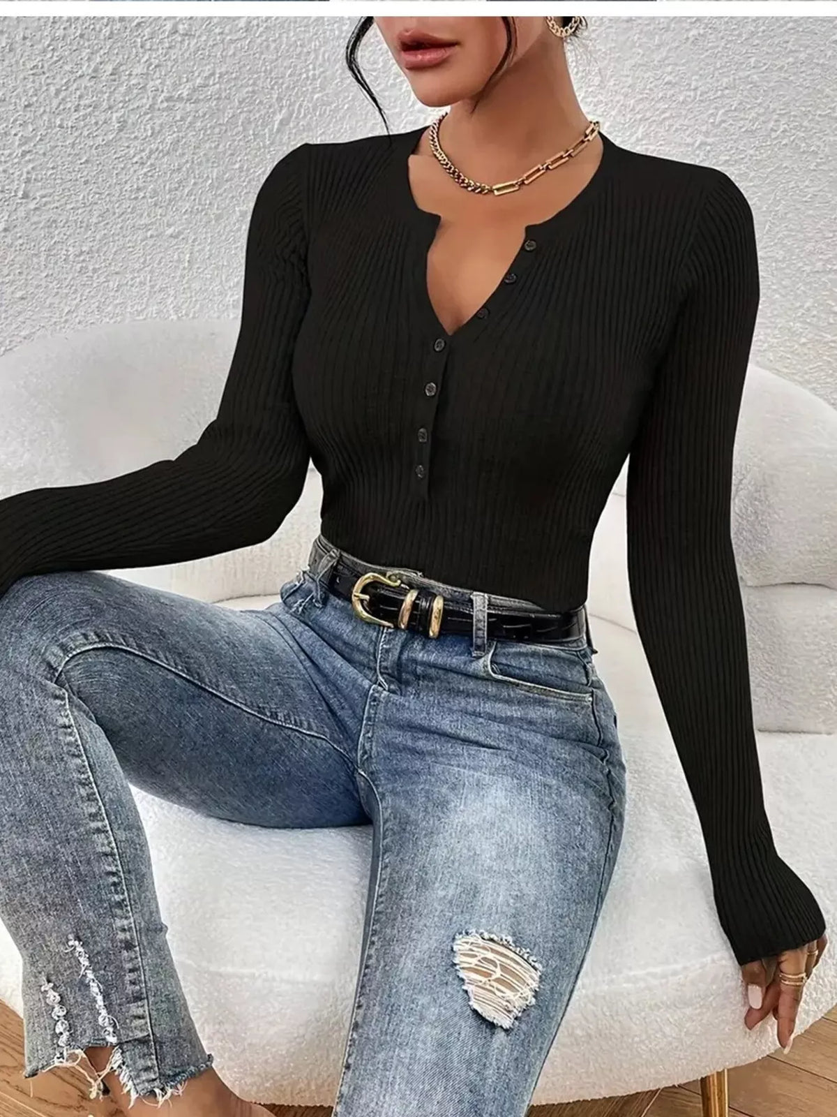 Ribbed knit button-front top by Simply Love, featuring a fitted design with a classic ribbed texture and front button closure.