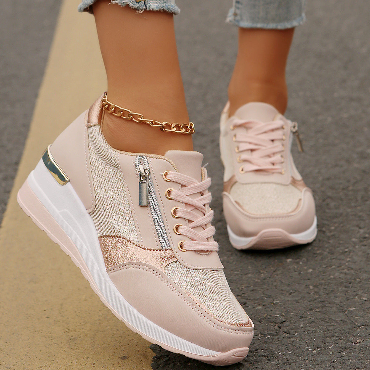 Metallic lace-up side zipper thick-sole sneakers by Plush Fashion Hub in three colors, EU 37–44, with stylish chunky design.
