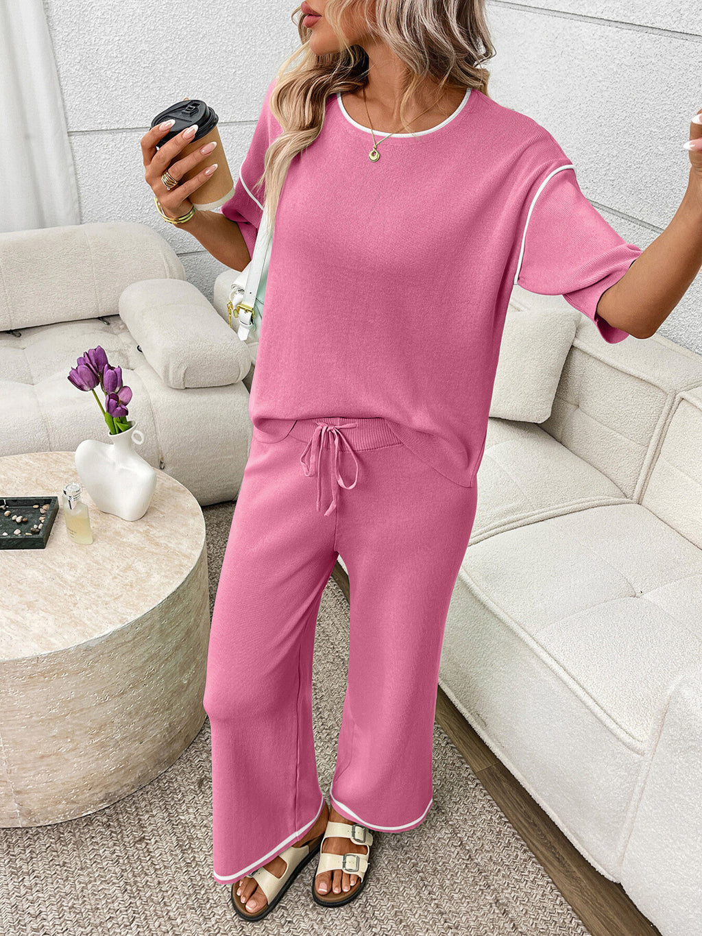 Women’s casual two-piece lounge set with round neck top and drawstring pants, Trendsi comfortable loungewear for relaxed wear