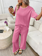Women’s casual two-piece lounge set with round neck top and drawstring pants, Trendsi comfortable loungewear for relaxed wear