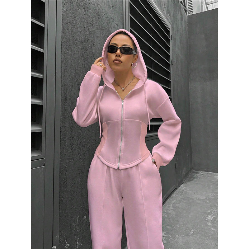 Eprolo relaxed hooded zip-up top and wide-leg trousers two-piece set, casual loungewear with a comfortable fit and stylish design.