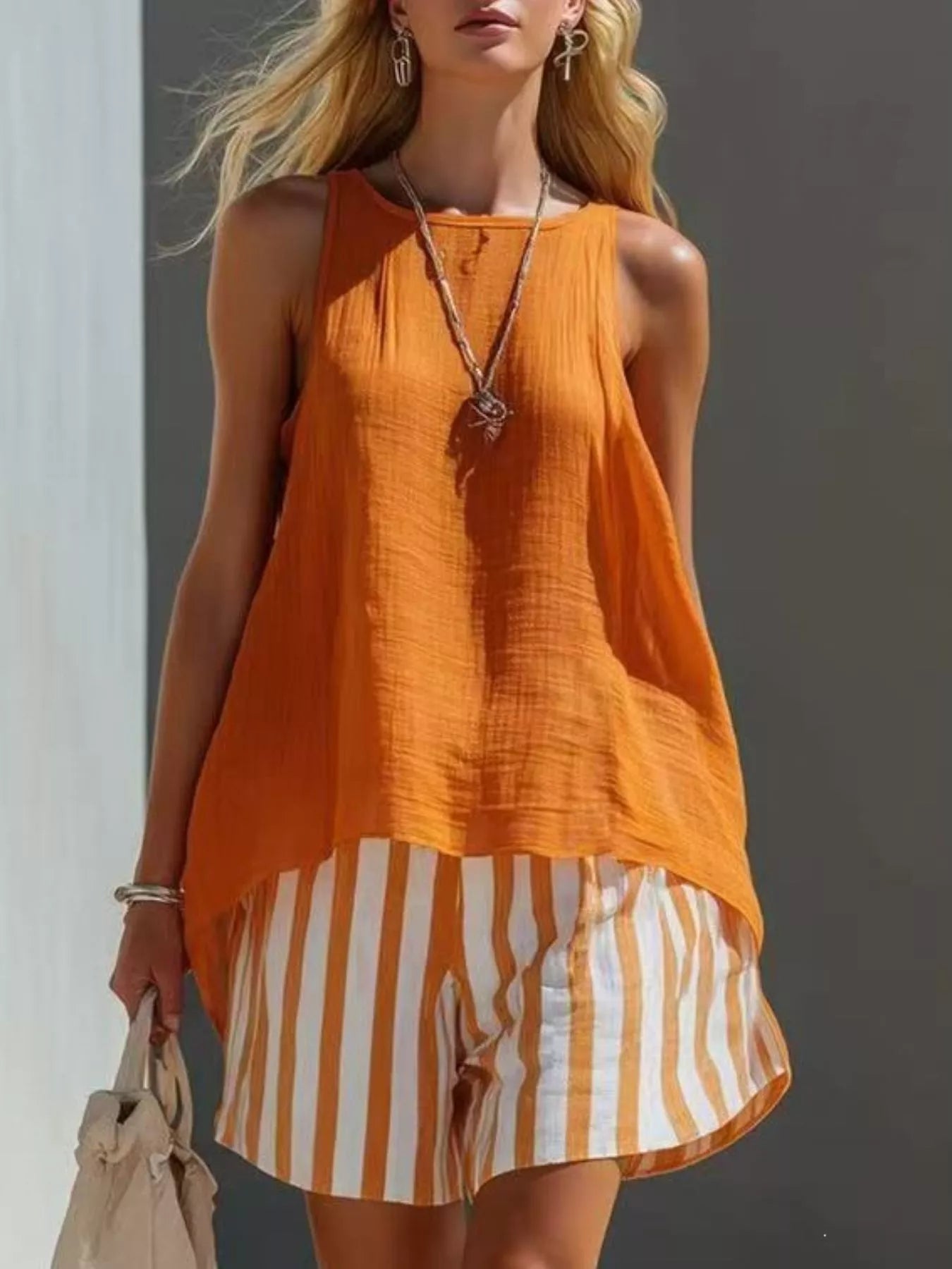 Shopimist round neck tank top with striped shorts set, featuring a casual two-piece outfit for warm weather.