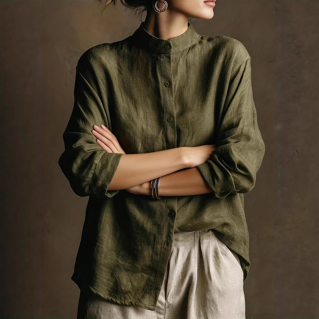 Women's loose-fit cotton linen long sleeve shirt with flip collar by FitiqueFit, shown in natural fabric and relaxed style.