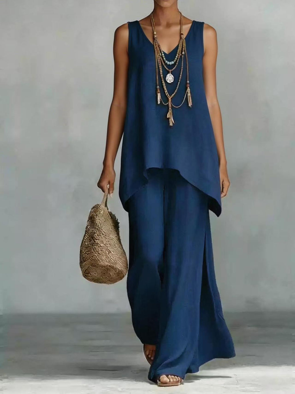 Women's bohemian wide-leg pants and V-neck vest set by FitiqueFit featuring a vibrant 3D print, casualwear ensemble.