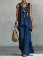 Women's bohemian wide-leg pants and V-neck vest set by FitiqueFit featuring a vibrant 3D print, casualwear ensemble.