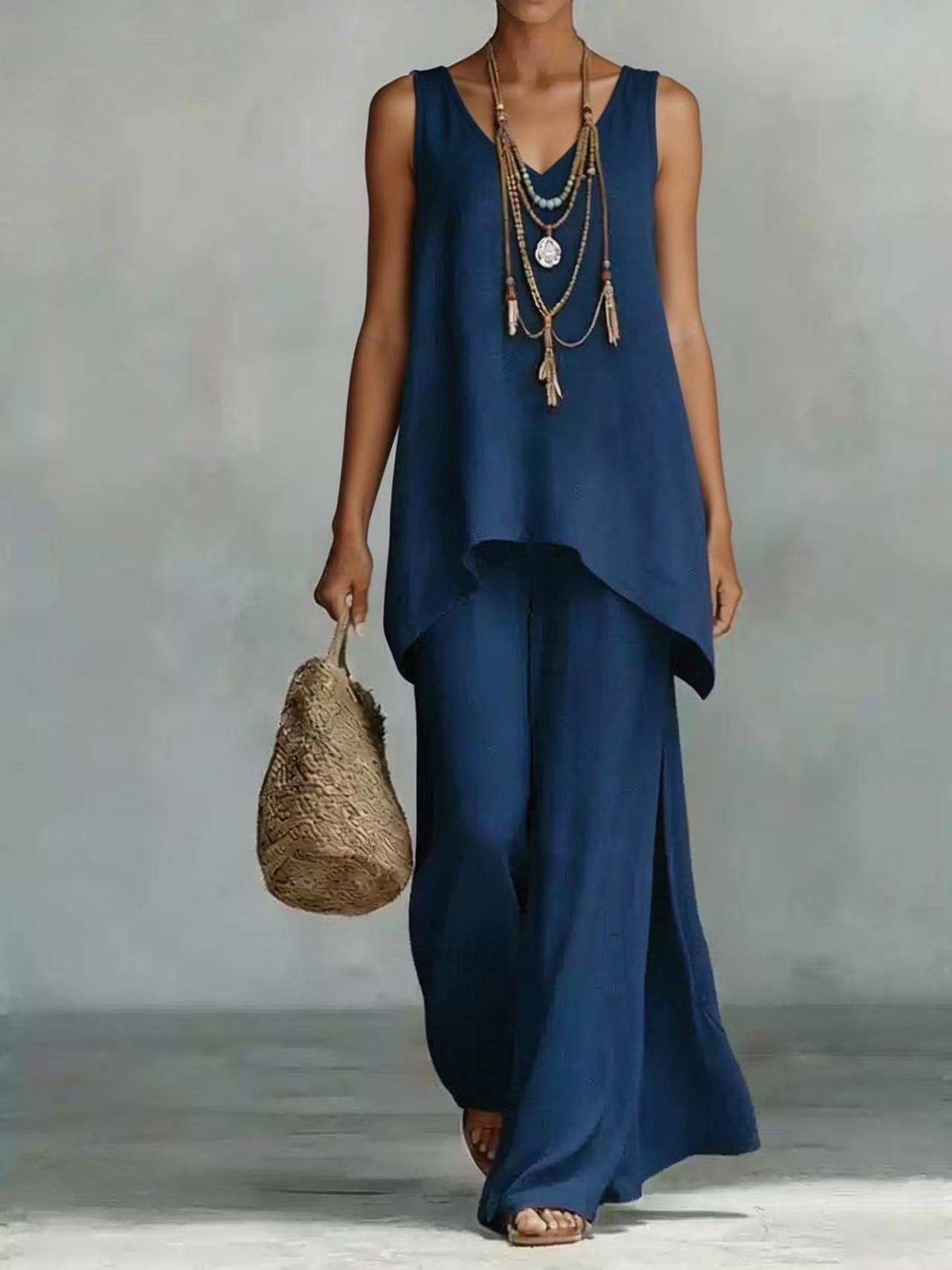 Women's bohemian wide-leg pants and V-neck vest set by FitiqueFit featuring a vibrant 3D print, casualwear ensemble.