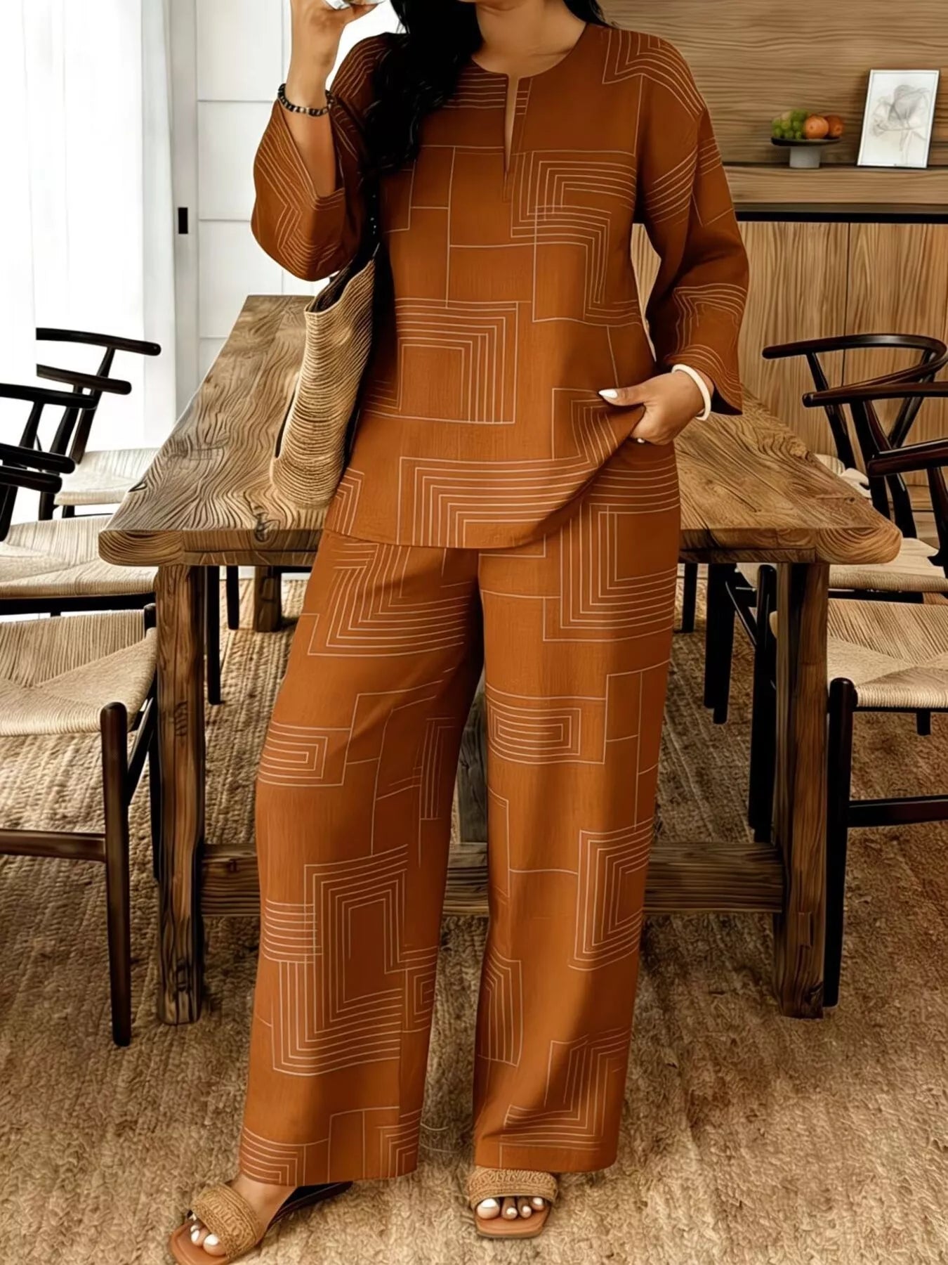Geometric print relaxed fit top and pants set by Plush Fashion Hub, featuring comfortable fabric and modern design.
