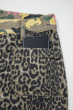 Multicolour Retro Floral Leopard Contrast Patchwork Raw Hem Jeans