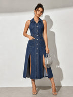 Women's Retro Washed Denim Midi Dress – Sleeveless Collared Button-Front with Slits & Pockets