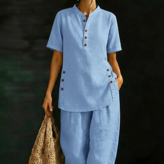 FitiqueFit solid color two-piece set featuring a three-quarter sleeve shirt and wide-leg pants for casual wear.