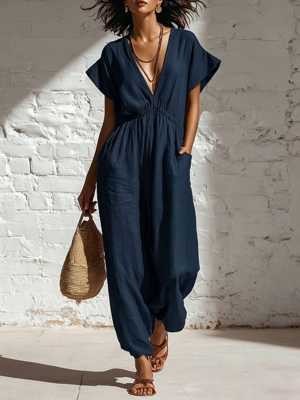 Women's high waist wide-leg pants with deep V-neck three-quarter sleeves from Plush Fashion Hub, shown in a stylish, relaxed fit.