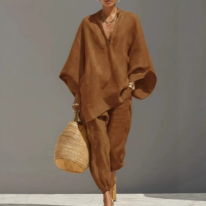 Women's casual loose shirt and cropped pants two-piece set by Plush Fashion Hub, vintage-inspired casual co-ord outfit.