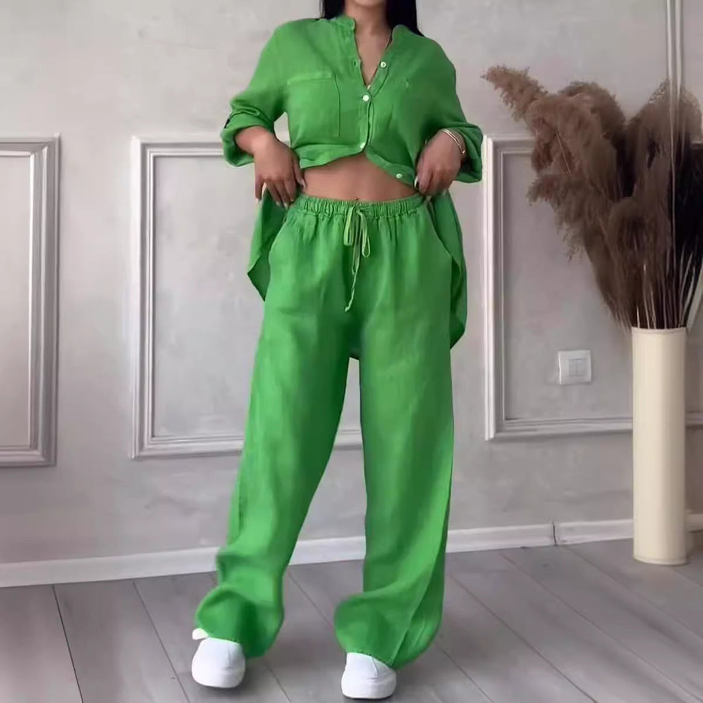 FitiqueFit wide-leg pants and lace-up top two-piece set in solid color, available in 12 colors, model wearing size S.