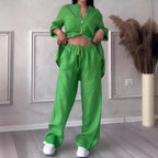 FitiqueFit wide-leg pants and lace-up top two-piece set in solid color, available in 12 colors, model wearing size S.