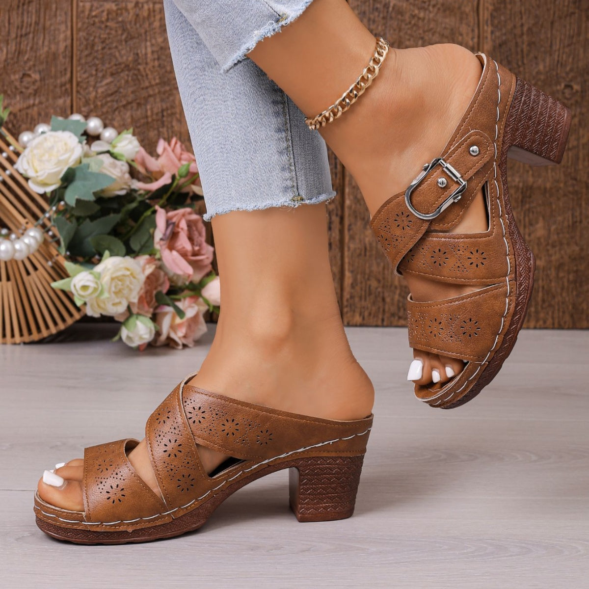 Women's open toe mid block heel sandals by Trendsi, stylish comfortable dressy casual shoes with ankle straps and neutral color.