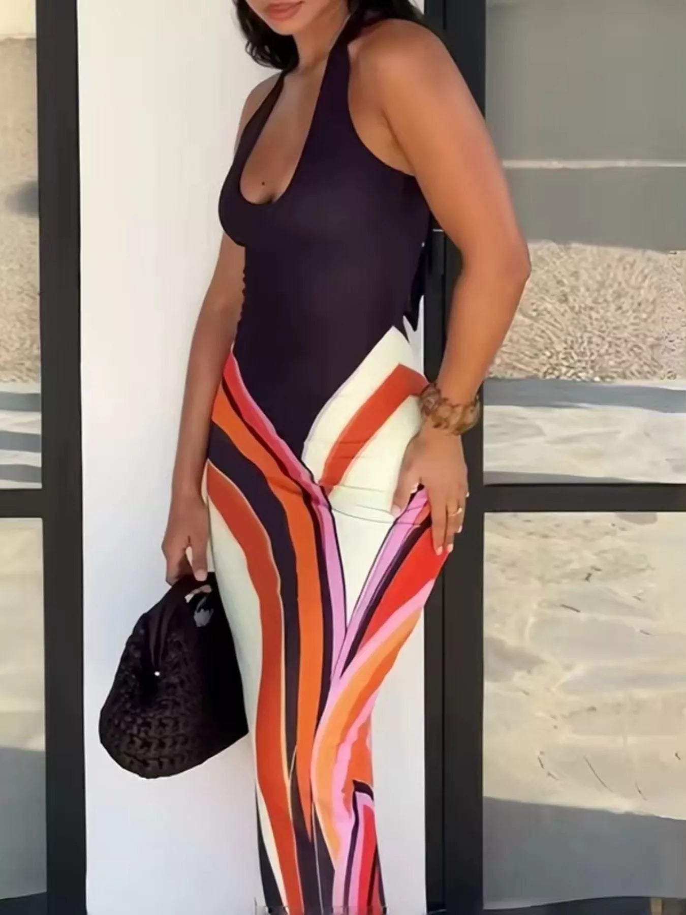 Halter neck maxi dress with abstract print by Shopimist, flowing fabric and stylish design perfect for summer wear.