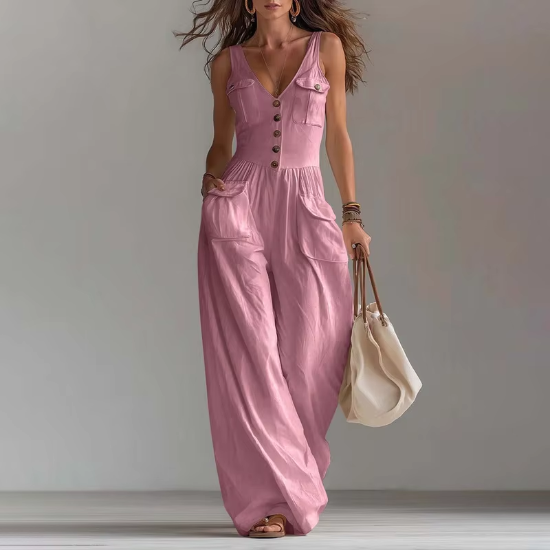 V-neck button-front vest jumpsuit in lightweight fabric, featuring sleeveless design and relaxed fit from Plush Fashion Hub.