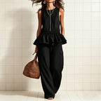 Women's sleeveless pleated vest and wide-leg pants streetwear set by Plush Fashion Hub, shown in stylish two-piece fashion.