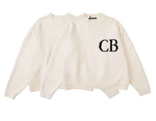 Unisex oversized knit crew neck sweater with CB letter design by Plush Fashion Hub, casual and comfortable for everyday wear