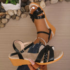 Shopimist open toe wedge sandals with tan leather straps and cork heel, stylish and comfortable for summer wear.