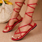 Shopimist lace-up flat sandals with open toe design, featuring leather straps and flat sole, perfect for casual summer wear.