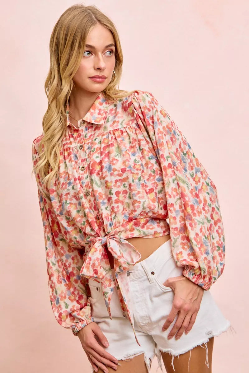 Plush Fashion Hub BiBi floral print tie hem crop shirt, stylish tops with vibrant floral design and cropped fit, perfect for casual wear
