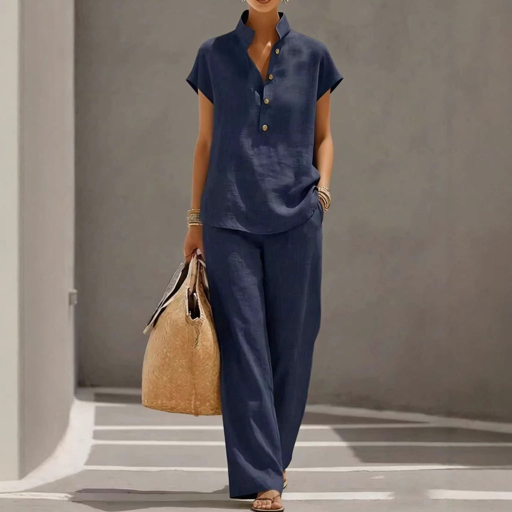Plush Fashion Hub three-piece set with solid cardigan, short sleeve top, and pants for casual lounge wear, shown in a coordinated outfit.