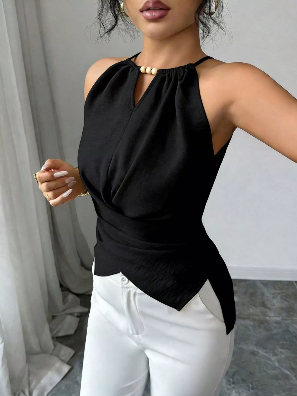 Plush Fashion Hub halter neck crisscross cami tank top with stylish strap details and fitted design, shown on a mannequin.