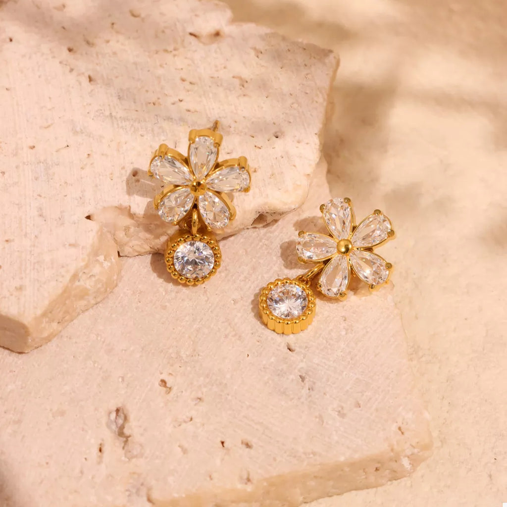 18K gold-plated stainless steel zircon flower drop earrings with intricate petal design and sparkling stone accents.