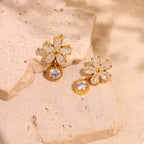 18K gold-plated stainless steel zircon flower drop earrings with intricate petal design and sparkling stone accents.