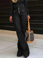 Plush Fashion Shop denim flare jeans with front and back pockets, stylish and comfortable for casual wear.