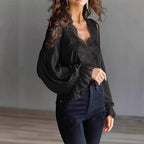 FitiqueFit lace-panel puff sleeve pleated ruffle ballet-style shirt, featuring delicate lace details and elegant puffed sleeves.