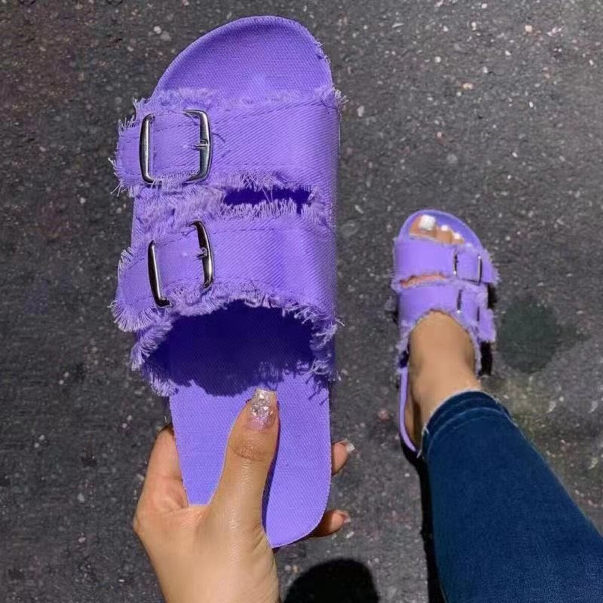 Shopimist frayed edge buckle sandals with open toe design and ankle strap on a neutral background.