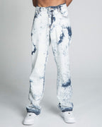 Dark blue and white tie-dye loose jeans by Armor Jeans featuring a relaxed fit and stylish distressed details.