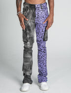 Purple Cheetah Stacked Cargo Jeans by Armor Jeans, featuring a relaxed fit, cargo pockets, and bold cheetah print design.