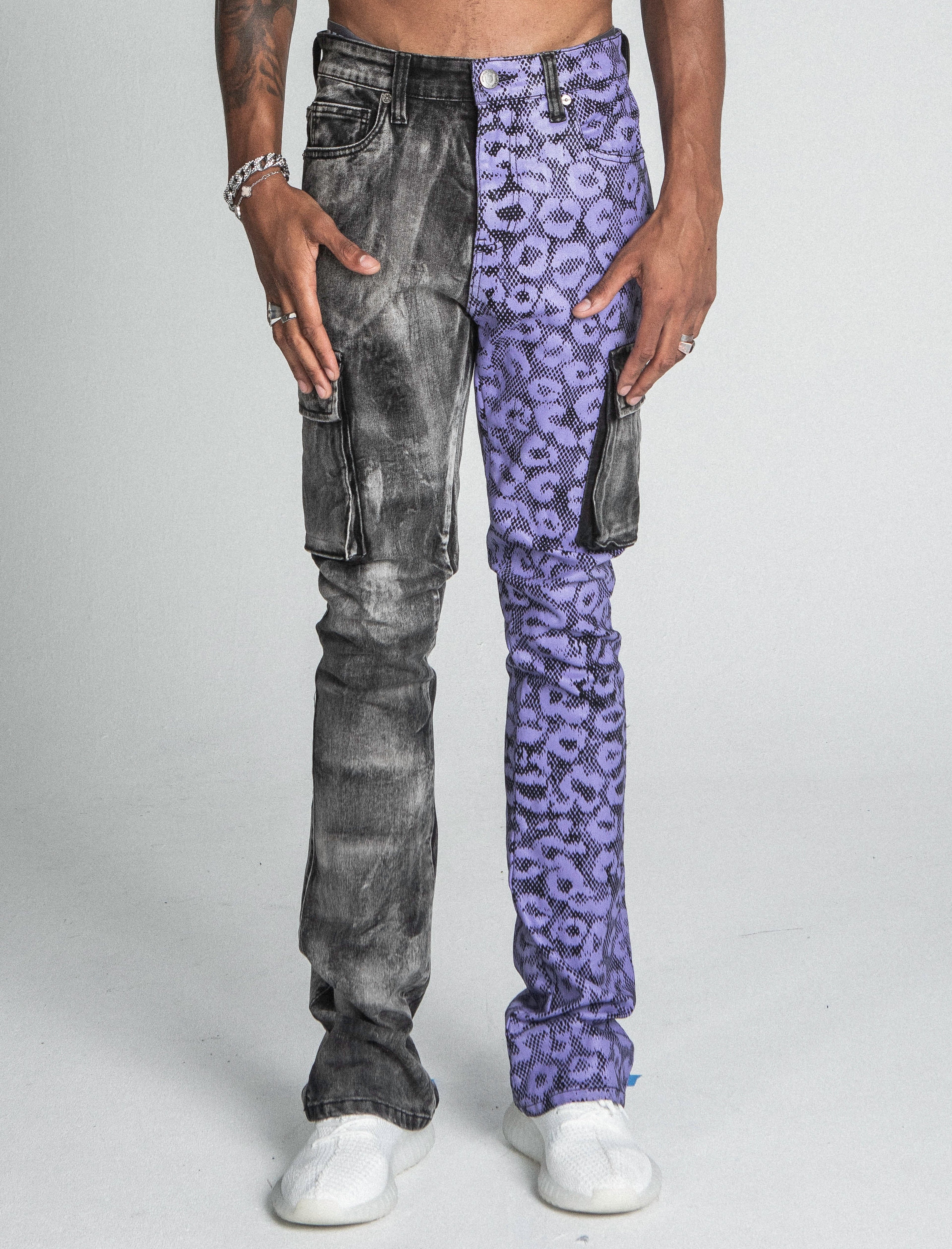 Purple Cheetah Stacked Cargo Jeans by Armor Jeans, featuring a relaxed fit, cargo pockets, and bold cheetah print design.