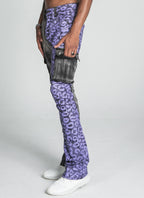 Purple Cheetah Stacked Cargo Jeans by Armor Jeans, featuring a stylish cheetah print and stacked cargo pockets.