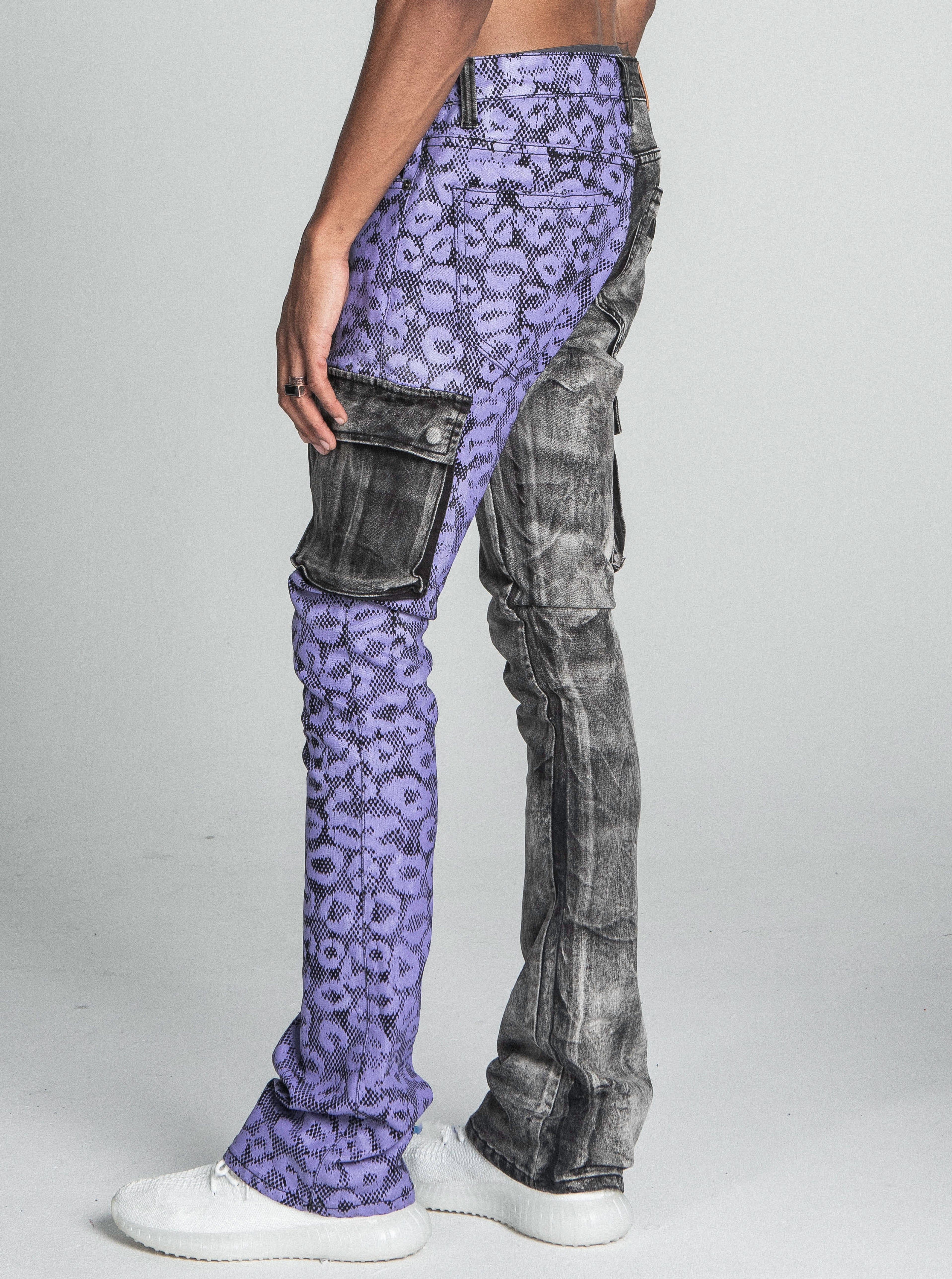 Purple Cheetah Stacked Cargo Jeans by Armor Jeans, stylish denim with bold animal print design and relaxed fit.