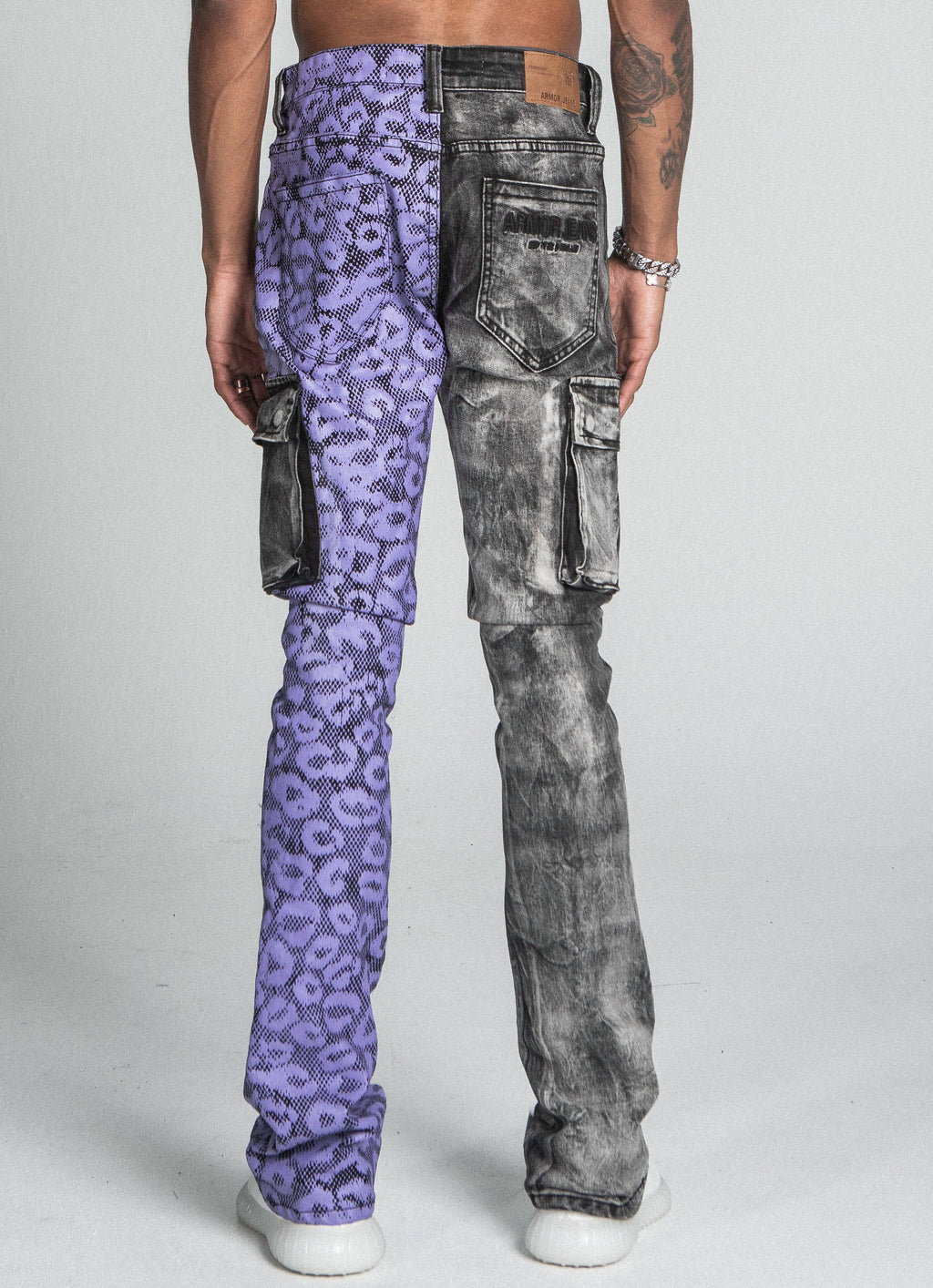 Purple Cheetah Stacked Cargo Jeans by Armor Jeans, featuring a relaxed fit with bold cheetah print and cargo pockets.