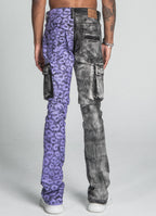 Purple Cheetah Stacked Cargo Jeans by Armor Jeans, featuring a relaxed fit with bold cheetah print and cargo pockets.