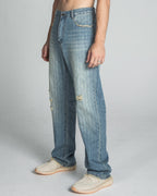 Blue ripped jeans with loose fit and distressed details from Armor Jeans AJ02L Ripped Blue Thread collection.