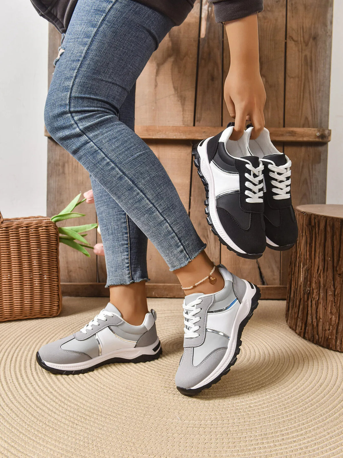 Contrast lace-up sneakers from Trendsi featuring stylish design and breathable material, perfect for casual footwear.
