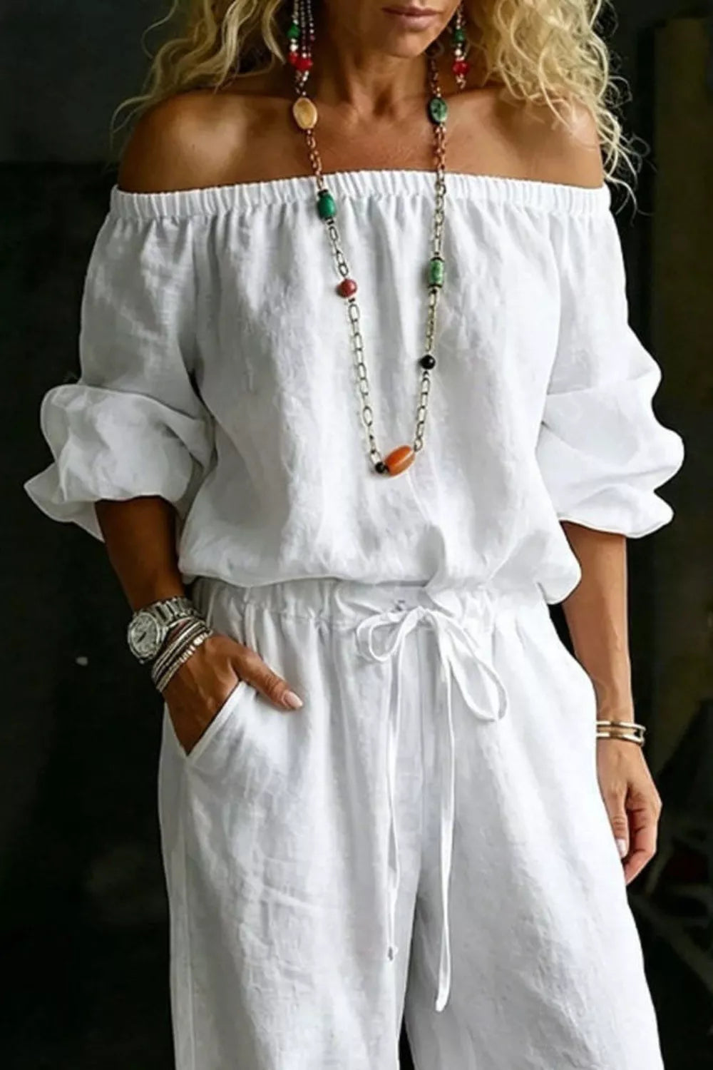 Plus size off-shoulder top and pants set by Plush Fashion Hub, featuring a stylish, full-size matching outfit with a trendy design.