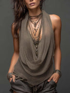 Women's slim-fit knit halterneck V-neck backless casual top by Plush Fashion Hub, showing the stylish backless design and fitted silhouette.