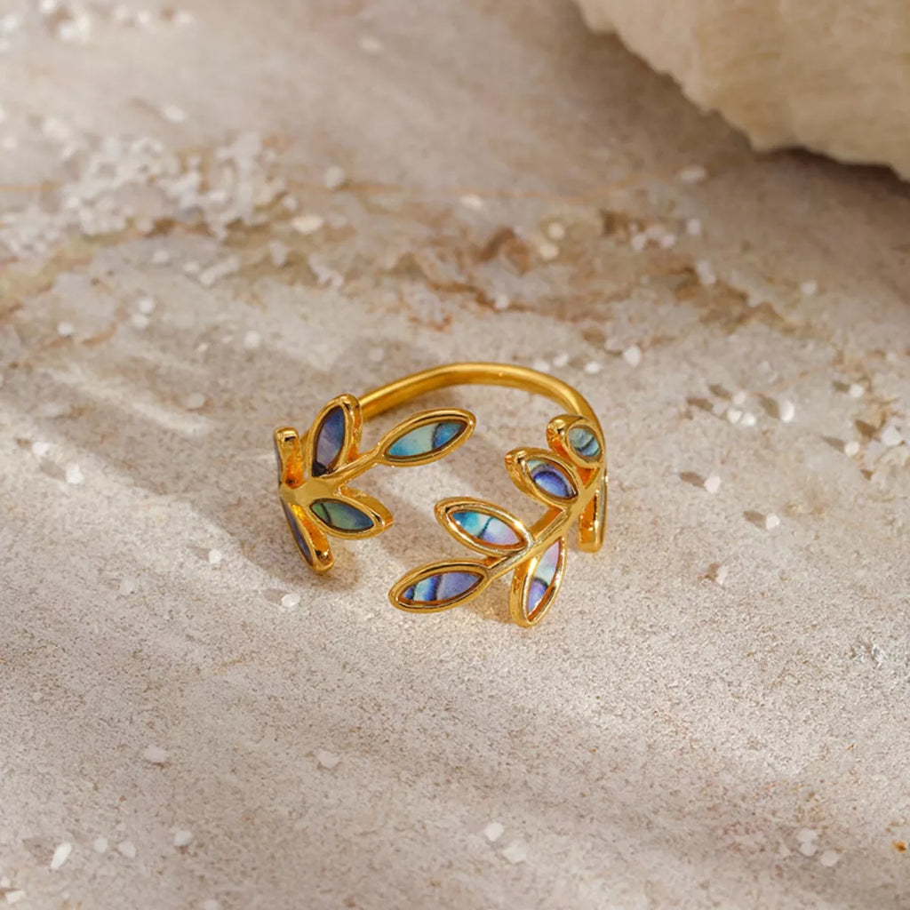18K gold-plated resin leaf bypass ring with detailed leaf design, stylish jewelry accessory from Shopimist.